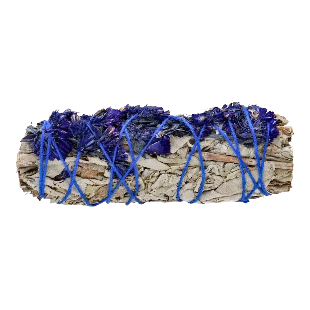 Weißes Salbei Räucherbündel mit blauer Sinuata, natürliche Räucherware von Vives de la Cortada SCP, zum Räuchern und Reinigen.