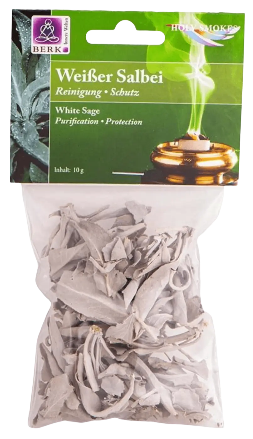 Weißer Salbei Räucherwerk von Dr. Berk, 10 g, natürliche Räucherwaren für Reinigung und Entspannung, in einer transparenten Verpackung.
