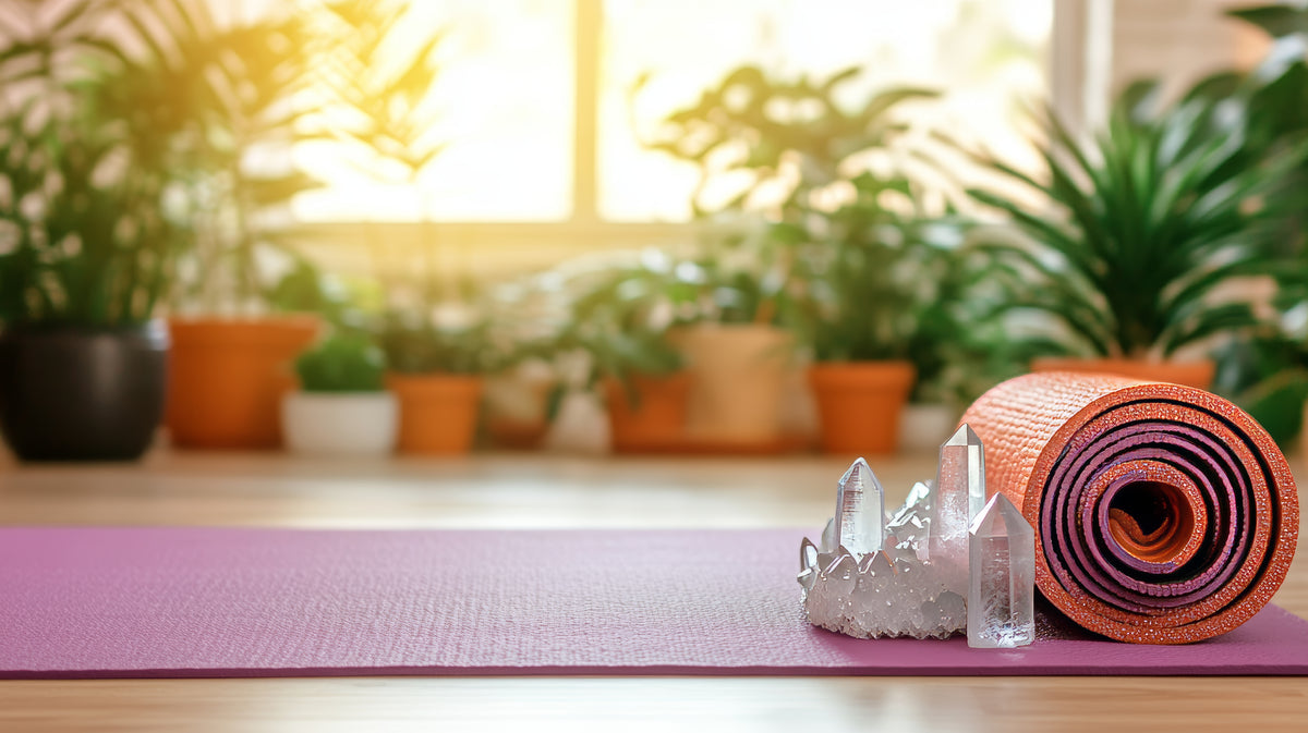 Lila Yogamatte mit glitzernder Rolle und klaren Bergkristallen vor grünen Zimmerpflanzen.