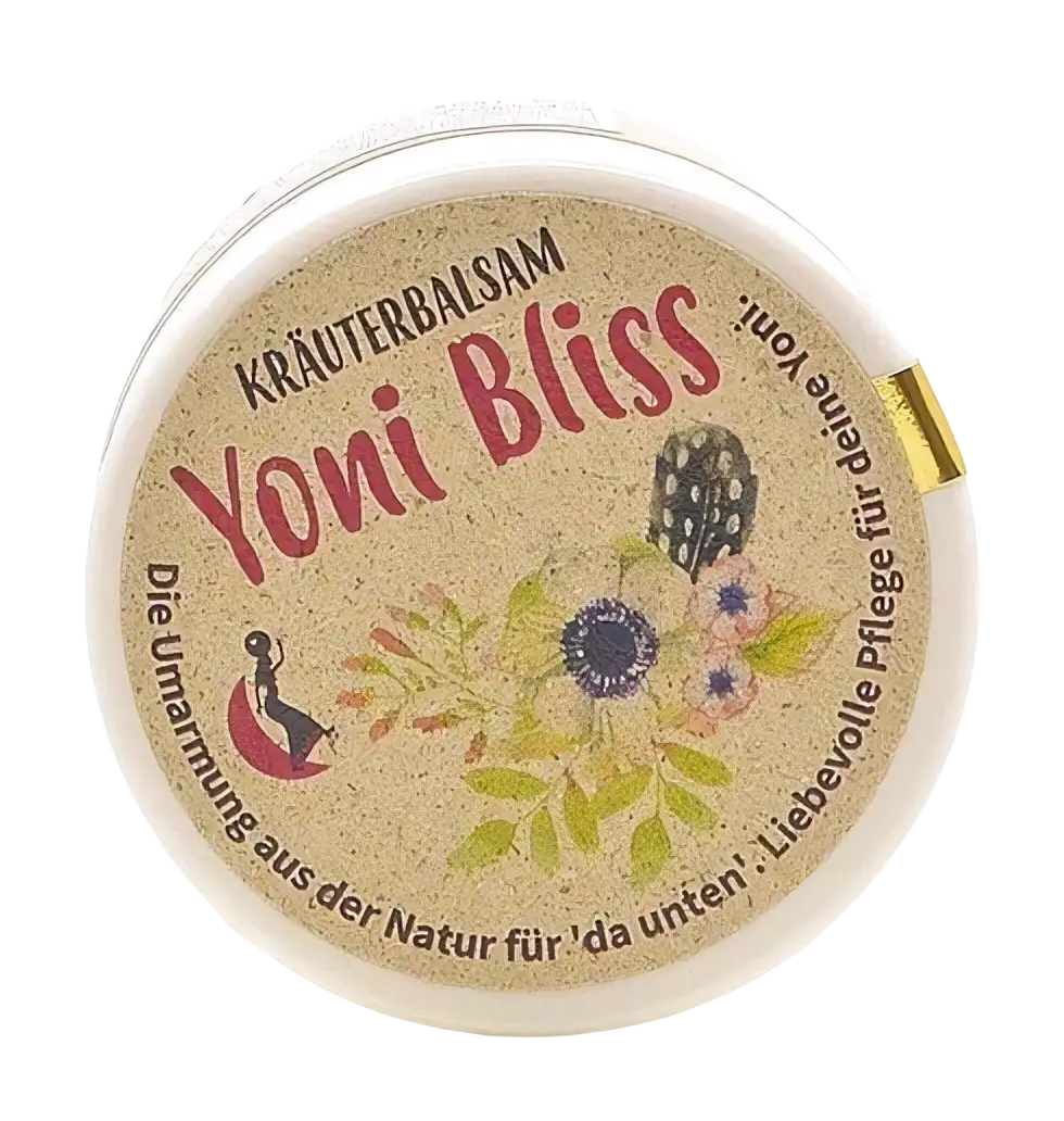 Quittenduft Yoni Bliss Kräuterbalsam im runden, beigen Behältnis, natürlicher Körperbalsam mit Kräuterextrakten.