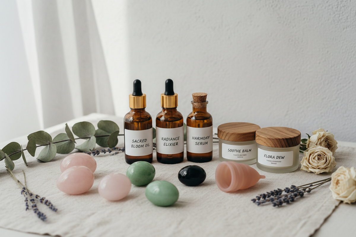 Bio-Kosmetik Set mit Gesichtsölen, Seren, Balsam und Rosen sowie Heilsteinen auf Leinentuch.