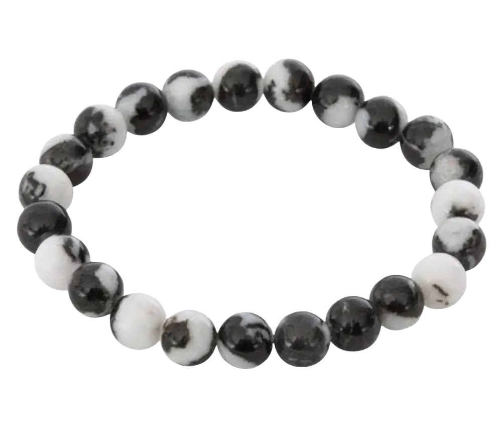 Zebra-Jaspis 8mm Schmuck-Armband mit schwarzen und weißen Marmor-Perlen, von Green Tree Candle, auf weißem Hintergrund