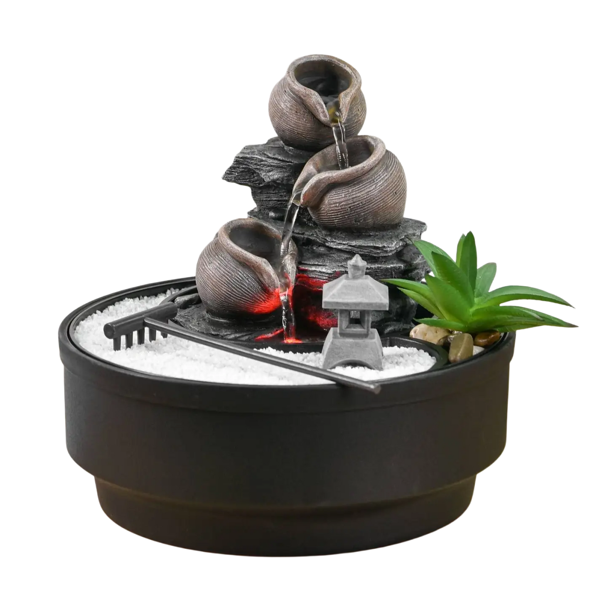 Zen-Garten und Indoor-Oasenbrunnen von Zen'Arôme, schwarze Keramikdekoration mit Wasserlauf für entspannte Atmosphäre