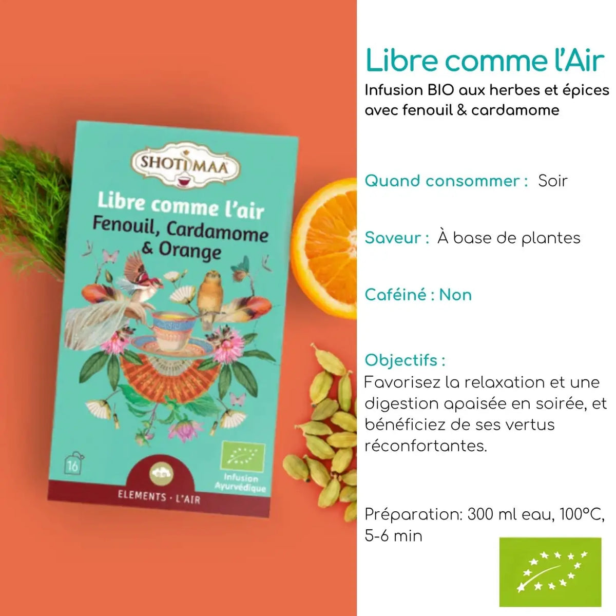 Bio-Kräutertee von Zen'Arôme mit 16 Beuteln, entspannende Infusion in einer Packung mit Kräuter- und Blütentees.