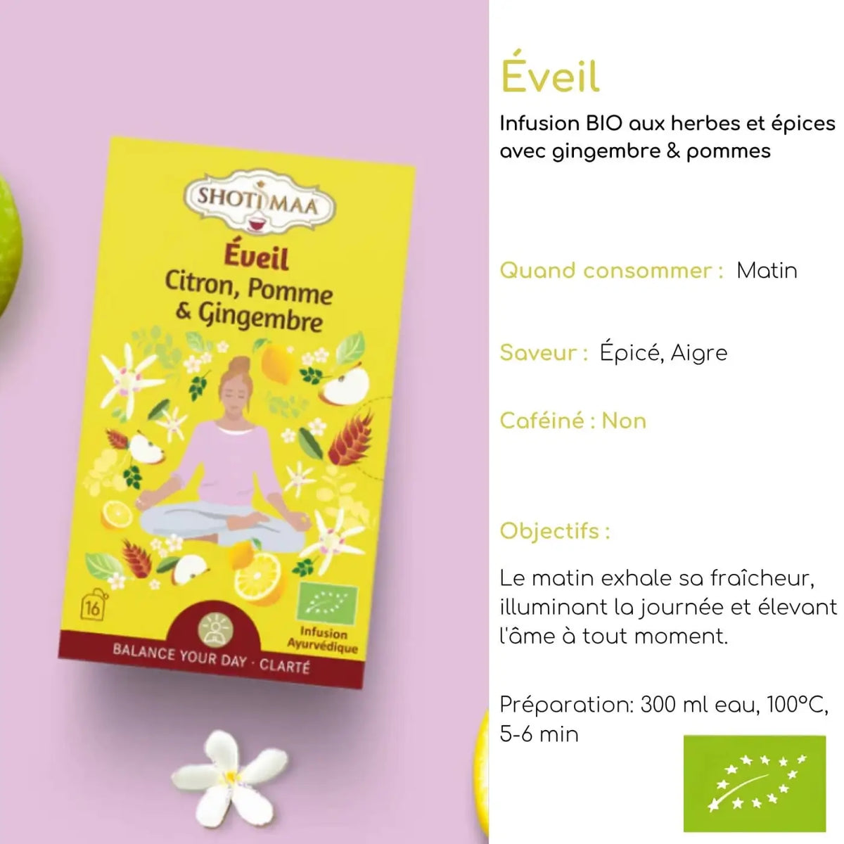 Bio Kräutertee von Zen'Arôme mit Zitronen-, Apfel- und Ingweraroma, 16 Beutel in einer ansprechenden Verpackung.