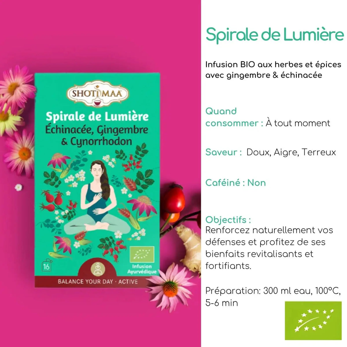 Bio-Kräutertee Spirale de Lumière von Zen'Arôme, belebende Infusion mit natürlichen Kräutern, in einer hellen Packung.