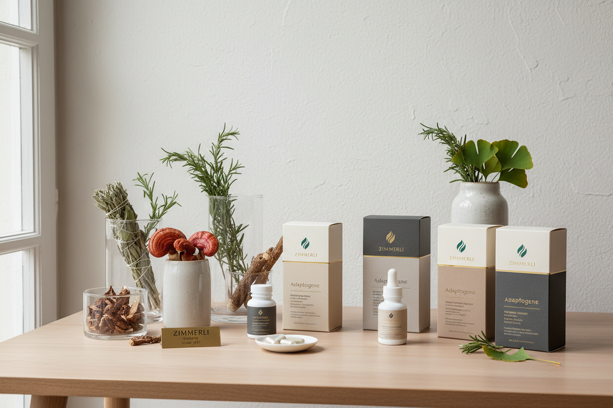Hochwertige Adaptogene-Produkte und Kräuter in einer ästhetischen Lifestyle-Anordnung.