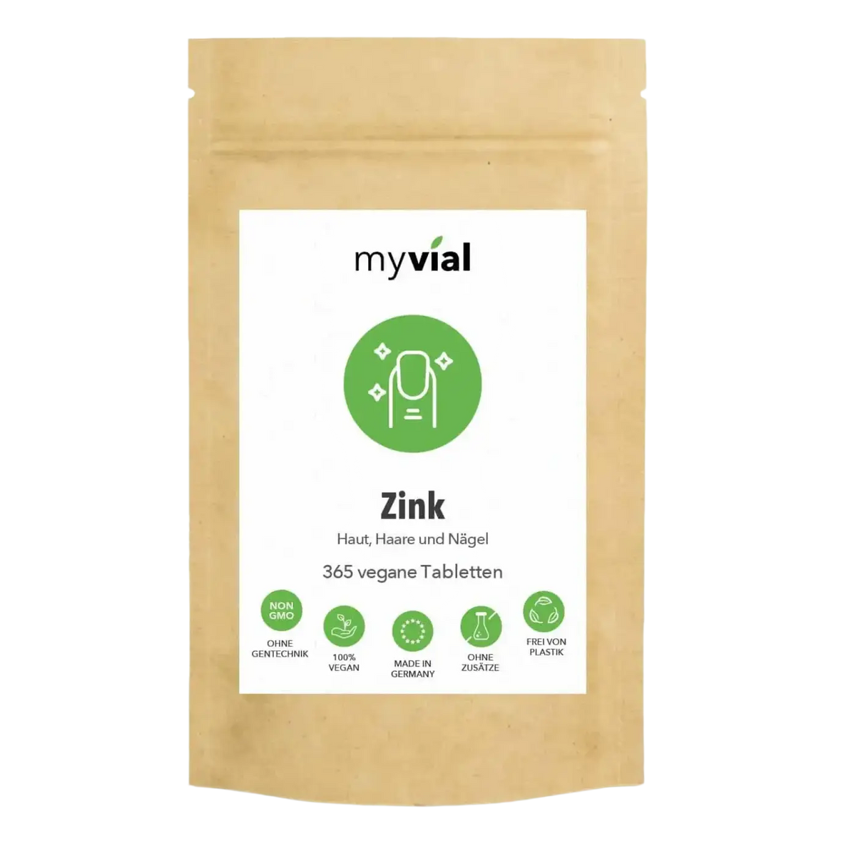Hochdosierte vegane Zink Tabletten 25mg in Packung mit 365 Stück, Nahrungsergänzung von myvial, im Blister verpackt