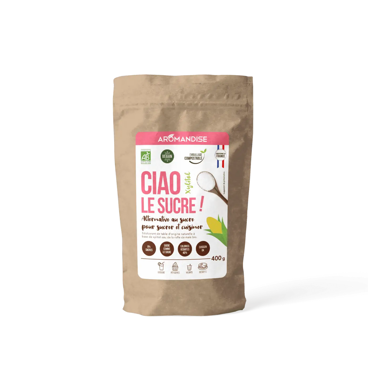 AROMANDISE Ciao Xylitolzucker, kalorienarmer Zuckerersatz, ideal zum Kochen und Backen, in Packung mit Xylit-Zuckerersatz.