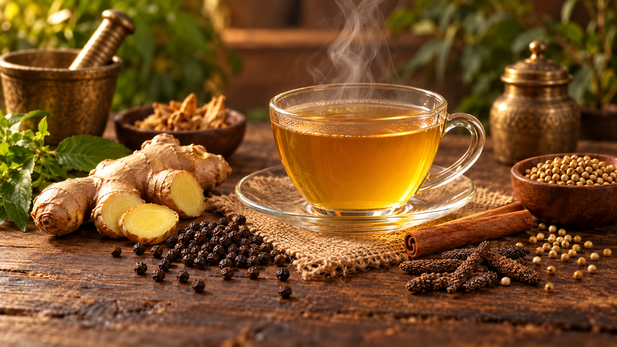 Aromatischer ayurvedischer Gewürztee mit frischem Ingwer, schwarzem Pfeffer und Zimt für das Immunsystem im Herbst