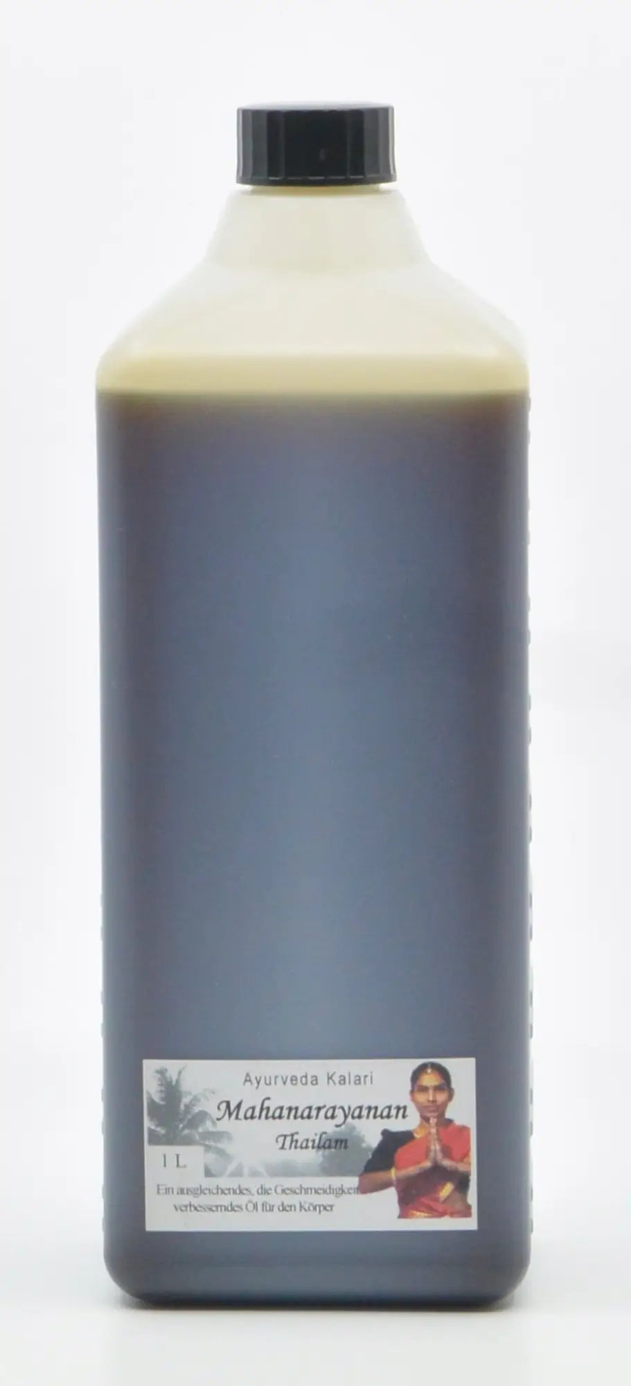 Ein 1 liter flasche mahanarayanam thailam ayurvedisches öl in dunklem bernsteinfarbton für ayurvedische selbstmassage und richtige öl wählen