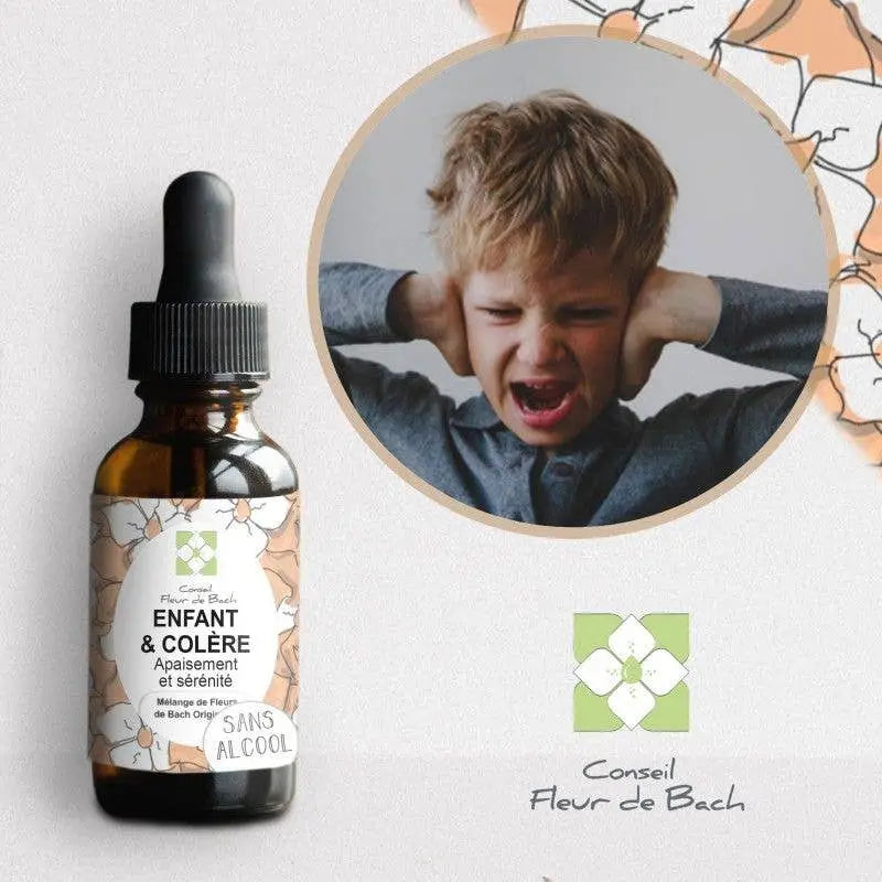 Amber glasflasche mit schwarzem tropfer cap und etikett enfant et colère von conseil fleur de bach bachblüten wut tropfen bettnässen enuresis tropfen
