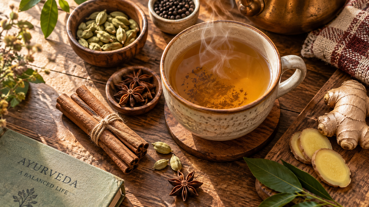 Ayurveda Tee Zubereitung mit Gewürzen und Tasse auf Holzgrund