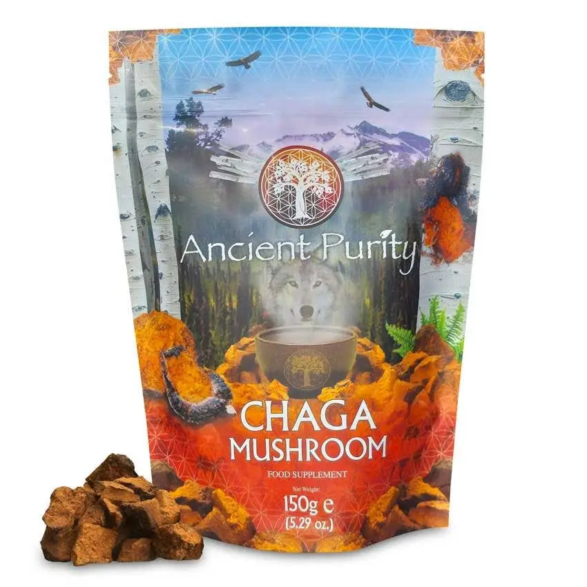 150g beutel ancient purity chaga pilz mit orange-braunen stücken und waldwolfdesign zur unterstützung des nordischen vitalpilzes und chaga pilz wirkung