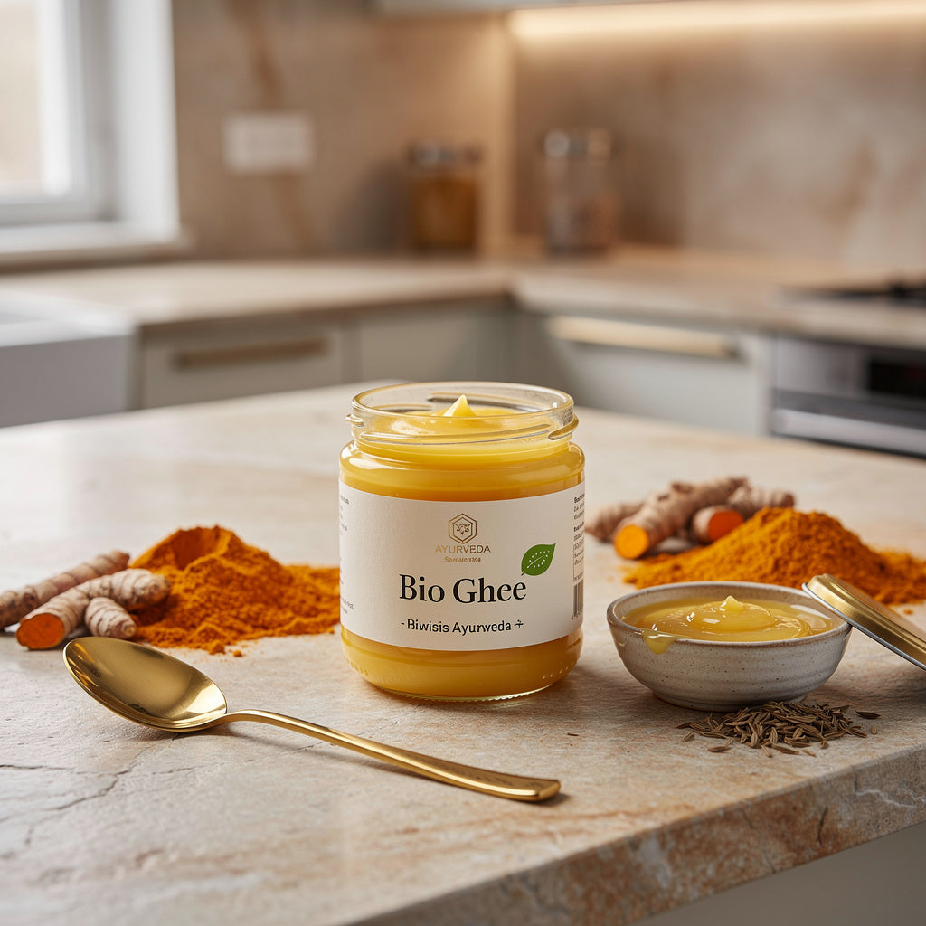 Ein glas bio ghee von ayurveda mit golden-gelber farbe und grünem blatt emblem als gesundes fett und hitzestabilere option
