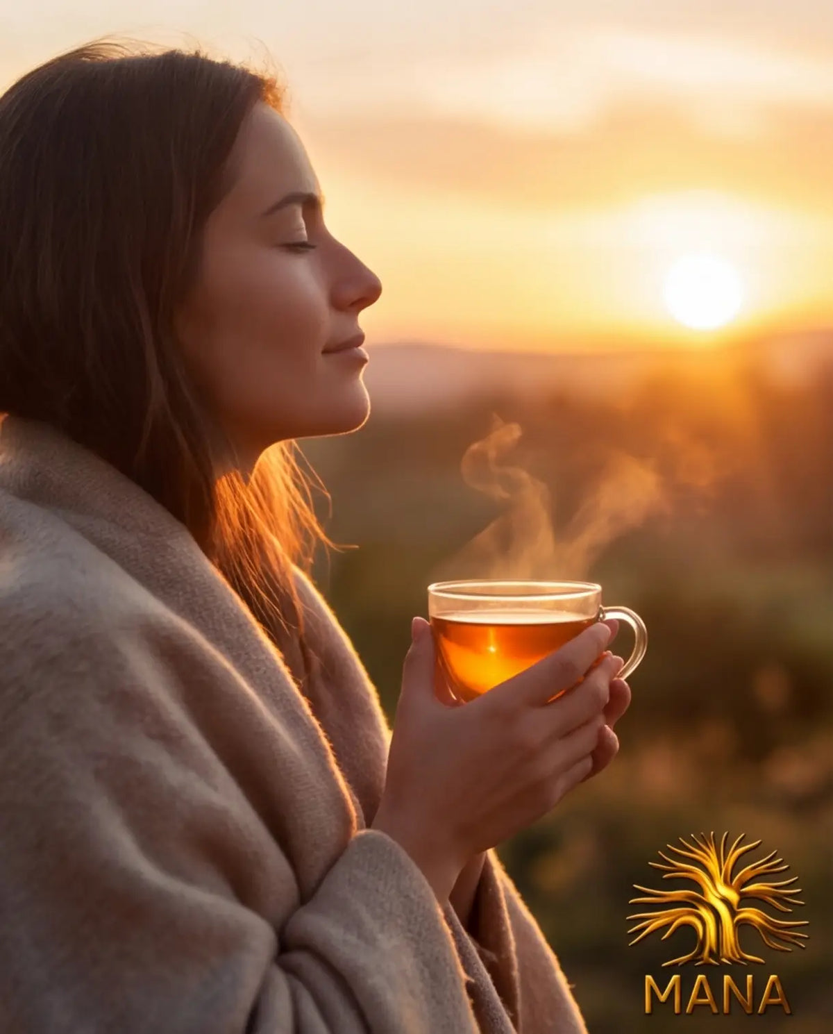 Ein klarer glasbecher mit bestem ayurvedischen tee in bernsteinfarben zur besseren verdauung und doshas ausgleichen