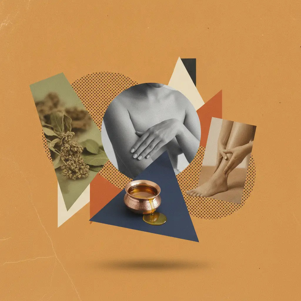 Ein kleines kupferornament gefüllt mit goldenem warmem kräuteröl auf einem dunkelblauen dreieckigen ständer für ayurvedische selbstmassage anleitung.