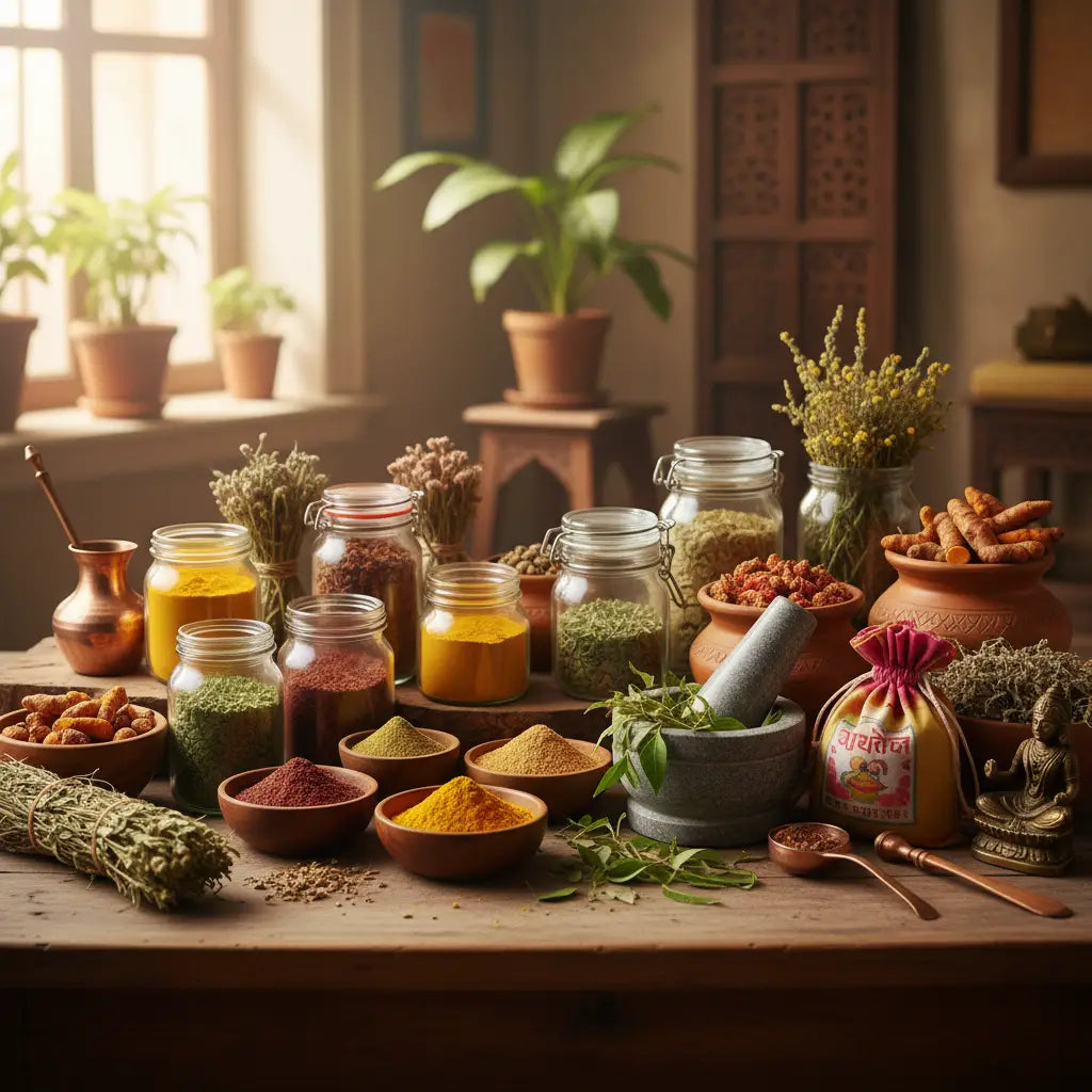 Ein rustikaler holztisch mit ayurvedischen ölen und gewürzen zur individuellen konstitution und immunsystem stärken