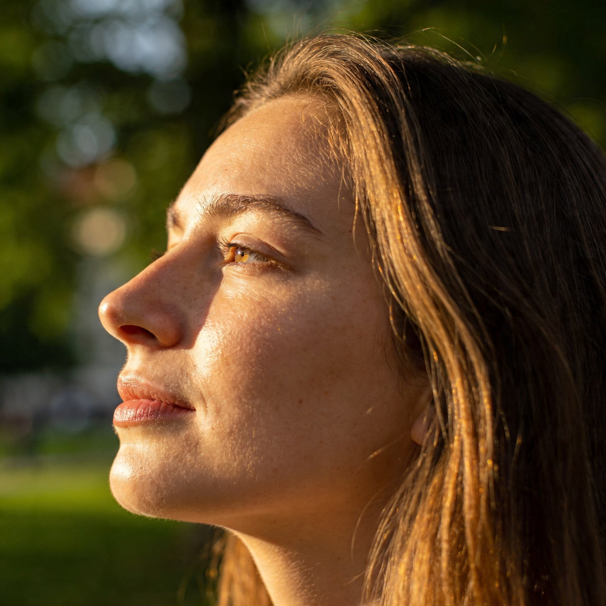 Eine frau mit langem braunem welligem haar und warmtonigen augen blickt im weichen sonnenlicht nach oben shop ansehen mademoiselle agathe bio agathe bio seife