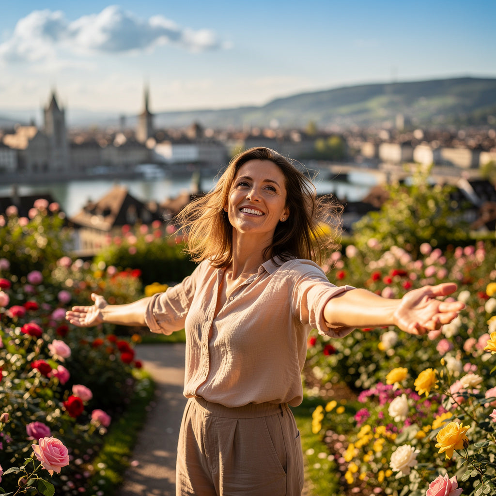Frau in beiger leichter outfit inmitten von rosen mit ayurvedische tipps gegen frühlingsmüdigkeit shop ansehen