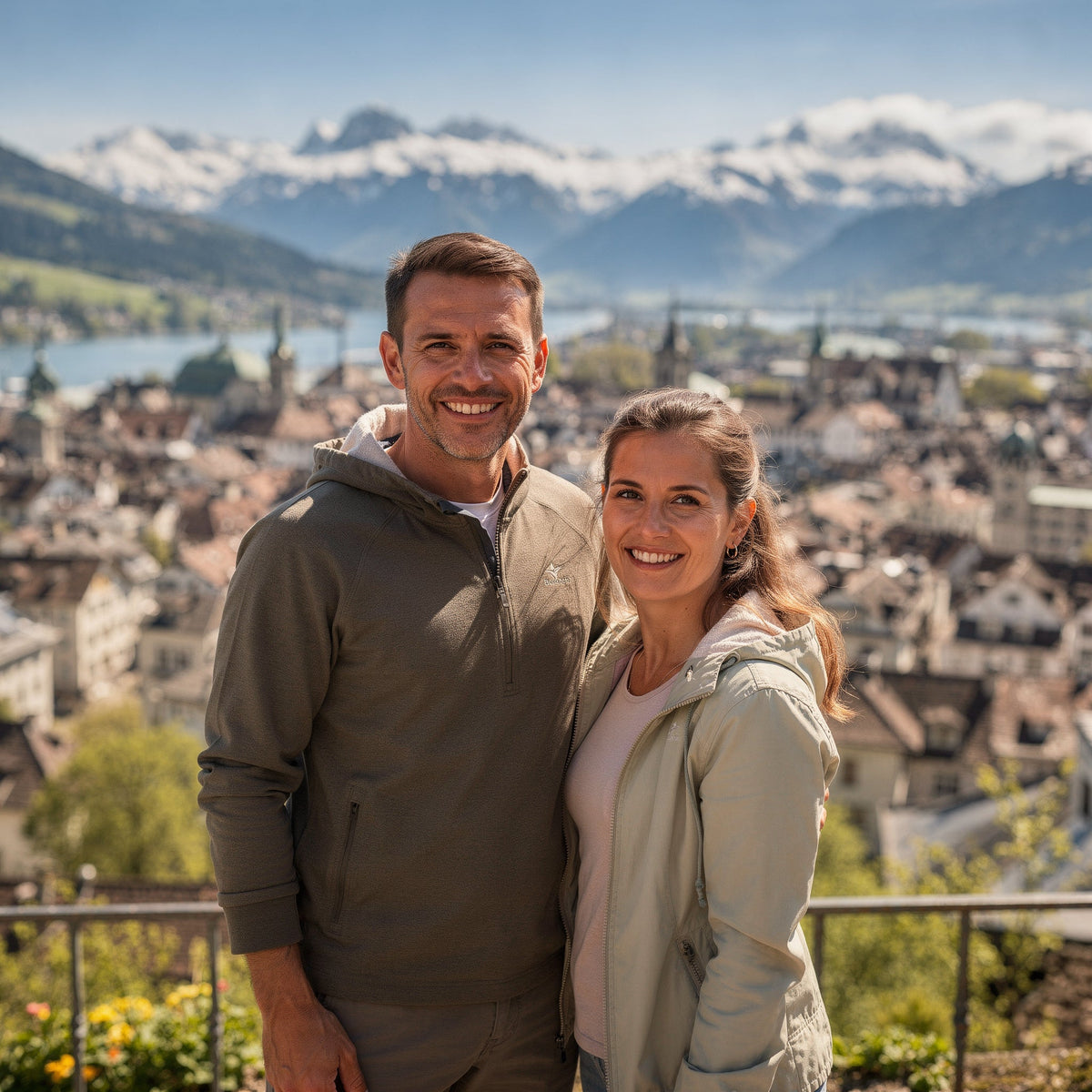 Ein mann und eine frau in matching olivgrünen hoodies lächeln zusammen beim start der wandersaison mit beste natürliche öl gegen muskelkater