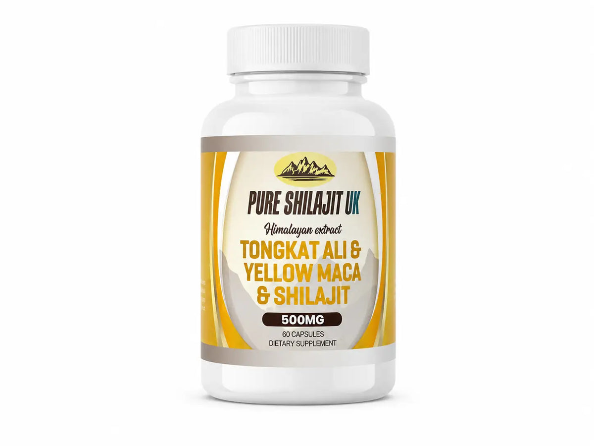 Weiße plastikflasche mit gelb-crememetikett von pure shilajit uk 500mg kapseln zur unterstützung bei maca wirkung und schwarzes maca