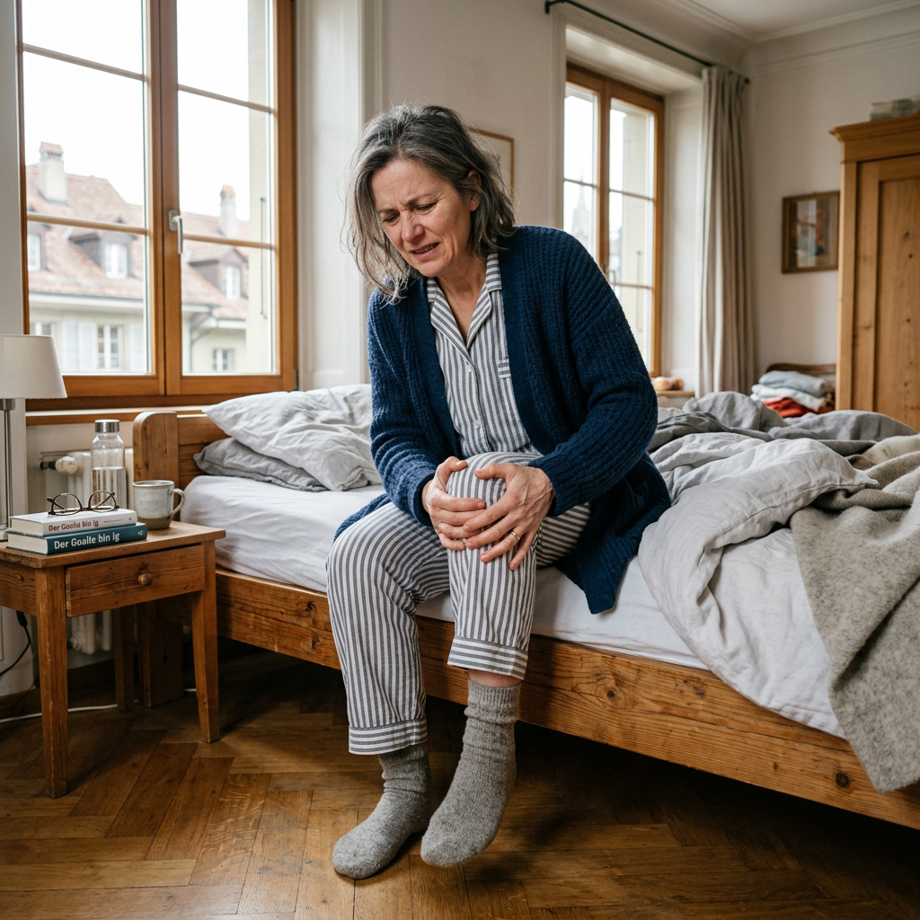 Frau in navyblauem gestricktem cardigan und gestreiften schlafanzug hält knie zur lindung von gelenkschmerzen mit mahanarayanan thailam