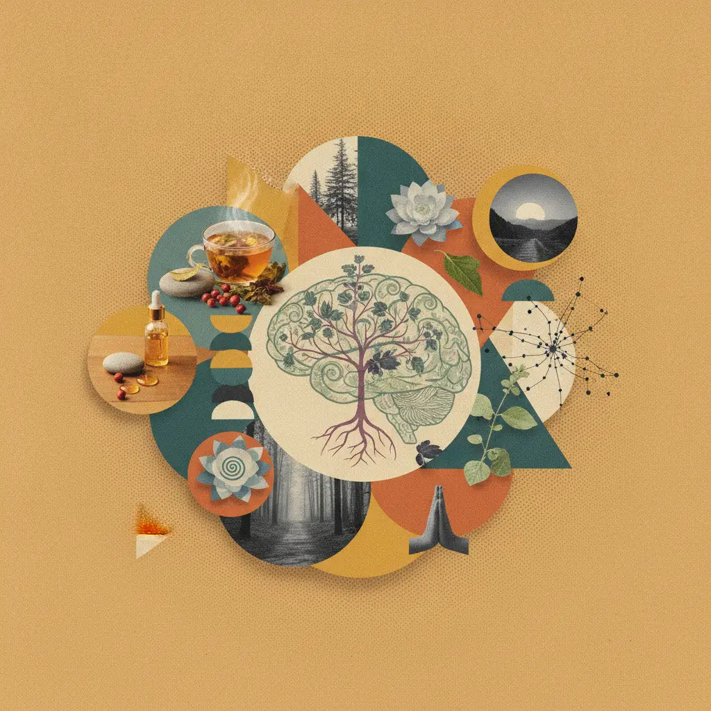 Zentralillustration eines baums, der aus einem gehirn wächst, symbolisiert ayurvedische stresslinderung und reduziert cortisol