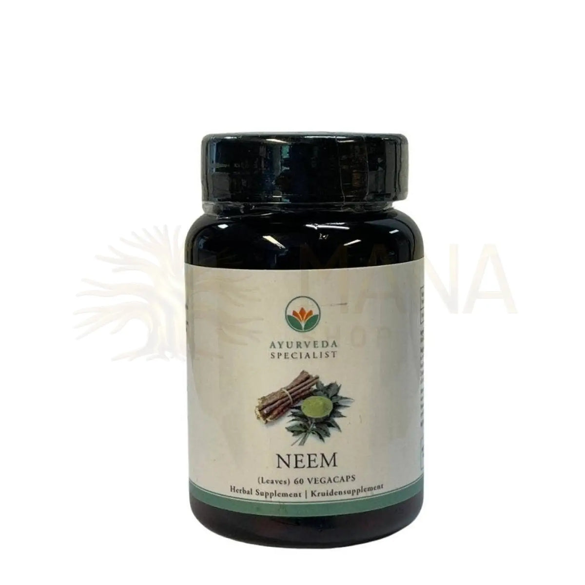 Dunkelbernsteine glasflasche mit schwarzem verschluss und cremefarbenem etikett mit ayurveda logo neem blatt azadirachta indica supplement für empfindliche haut und gut verträglich
