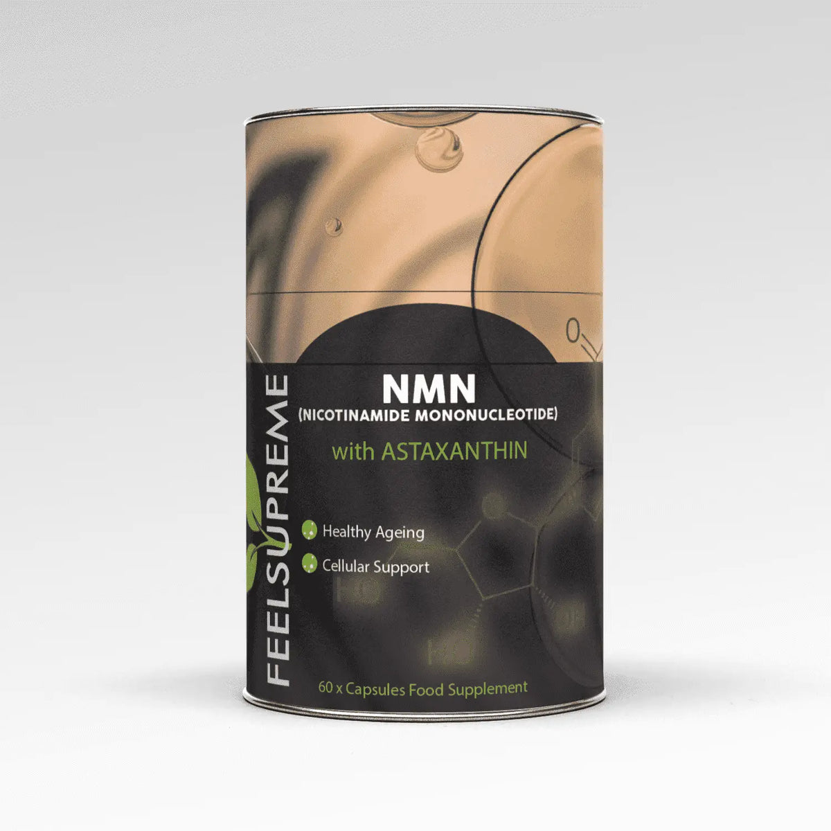 Ein schlanker zylindrischer container mit feel supreme nmn astaxanthin kapseln für nad+ spiegel sinken zum nmn kaufen schweiz