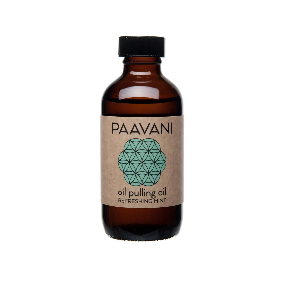 Braune glasflasche mit schwarzem deckel und paavani ölziehen öl erfrischende minze für ayurvedisches mundritual und gesunde zähne