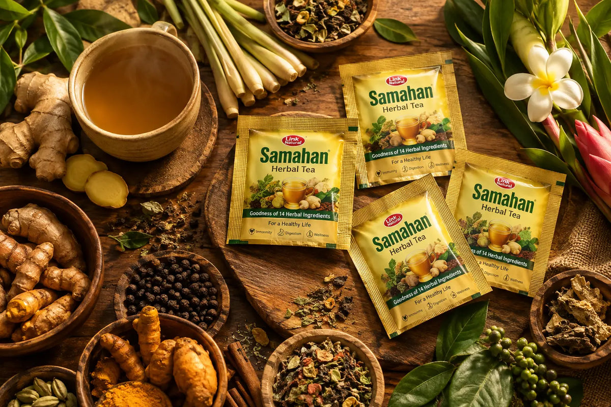 Gelbe samahan tee packets mit goldenem design und grünen kräuterabbildungen für samahan tee benefits