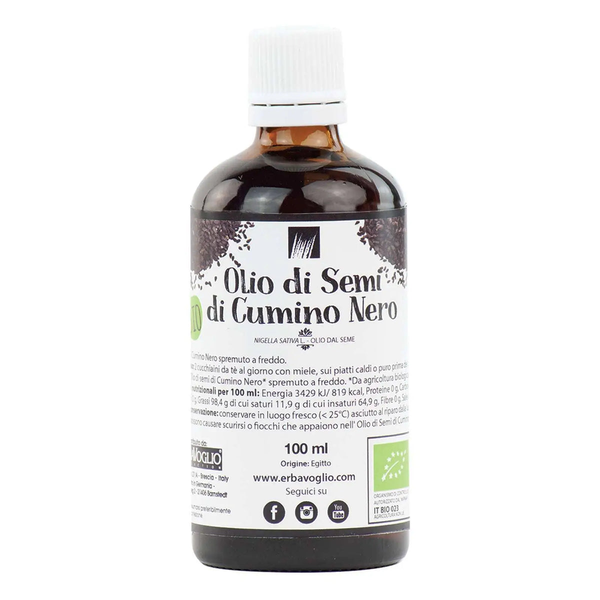 Ein dunkles bernsteinfarbenes glasfläschchen mit weißem schraubverschluss und schwarzkümmelöl von voglio zur richtigen anwendung von nigella sativa.