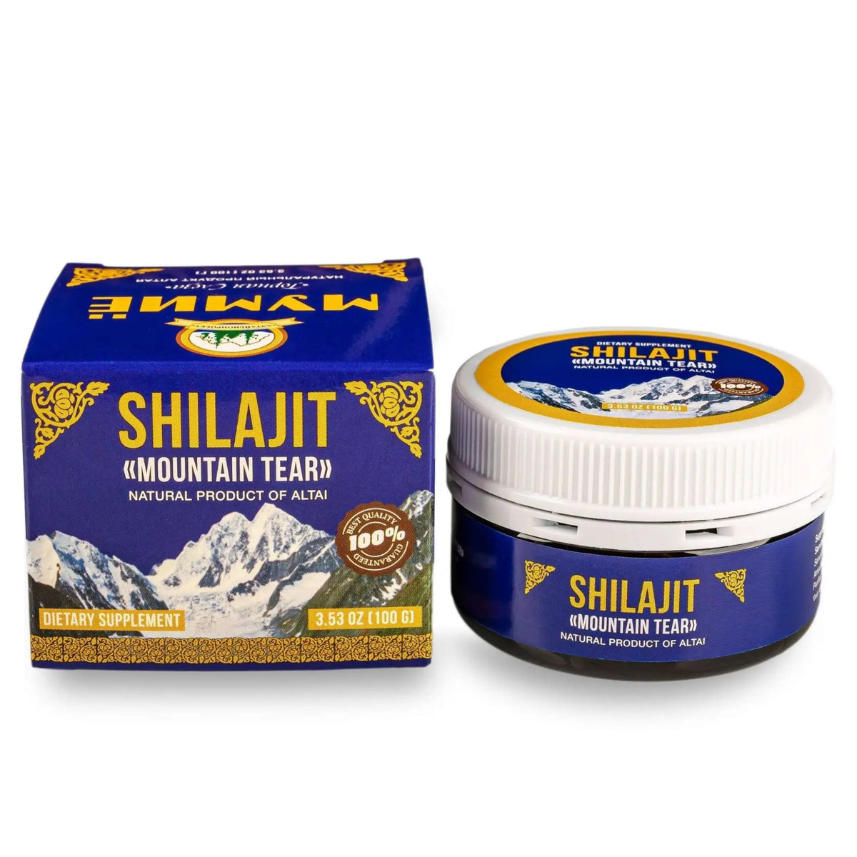 Blau-goldene shilajit mumijo extrakt dose mit weißem deckel neben passender box shilajit kaufen schweiz