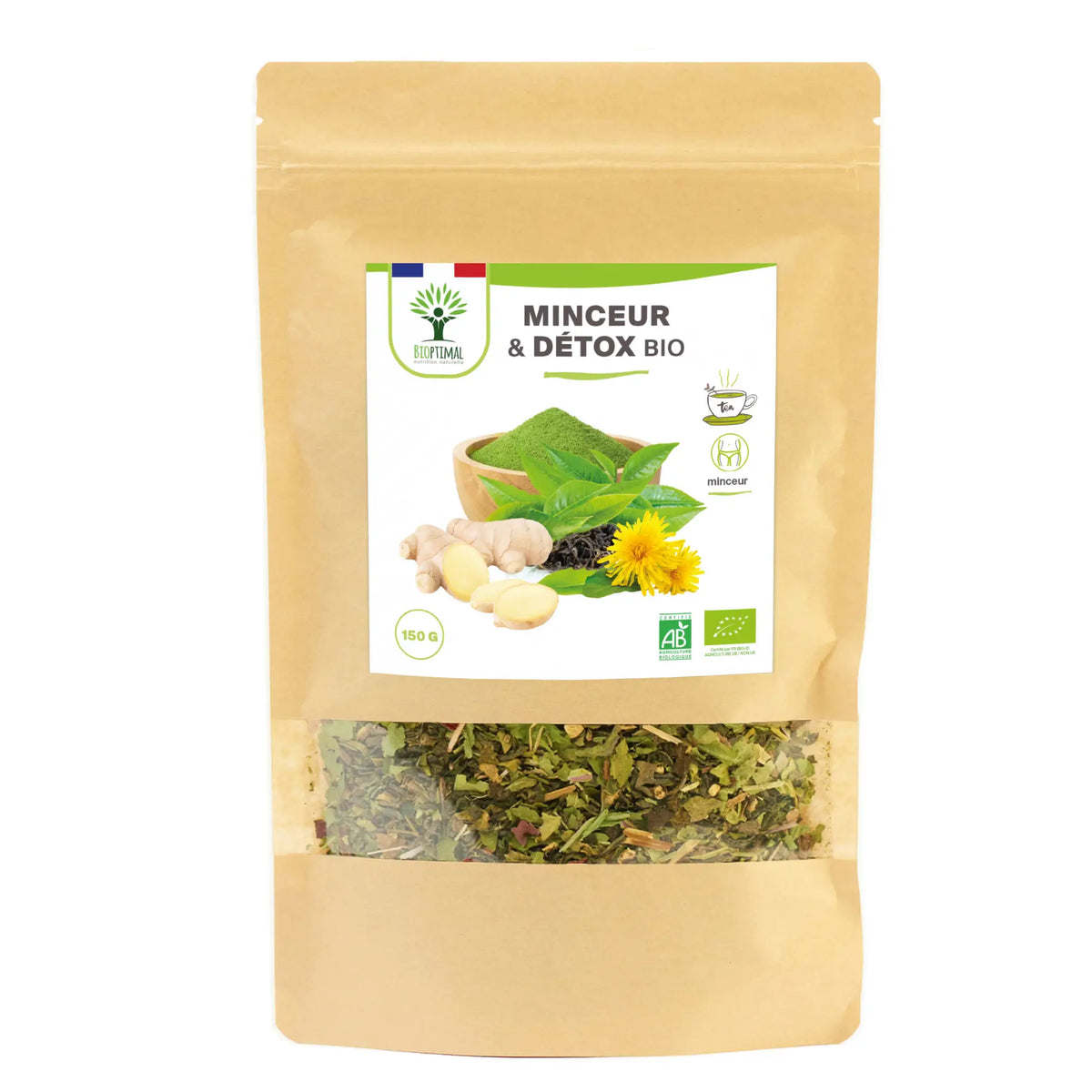 Beige wiederverschließbarer beutel mit org anischem abnehm tee aus grünen und braunen kräutern von mana shop