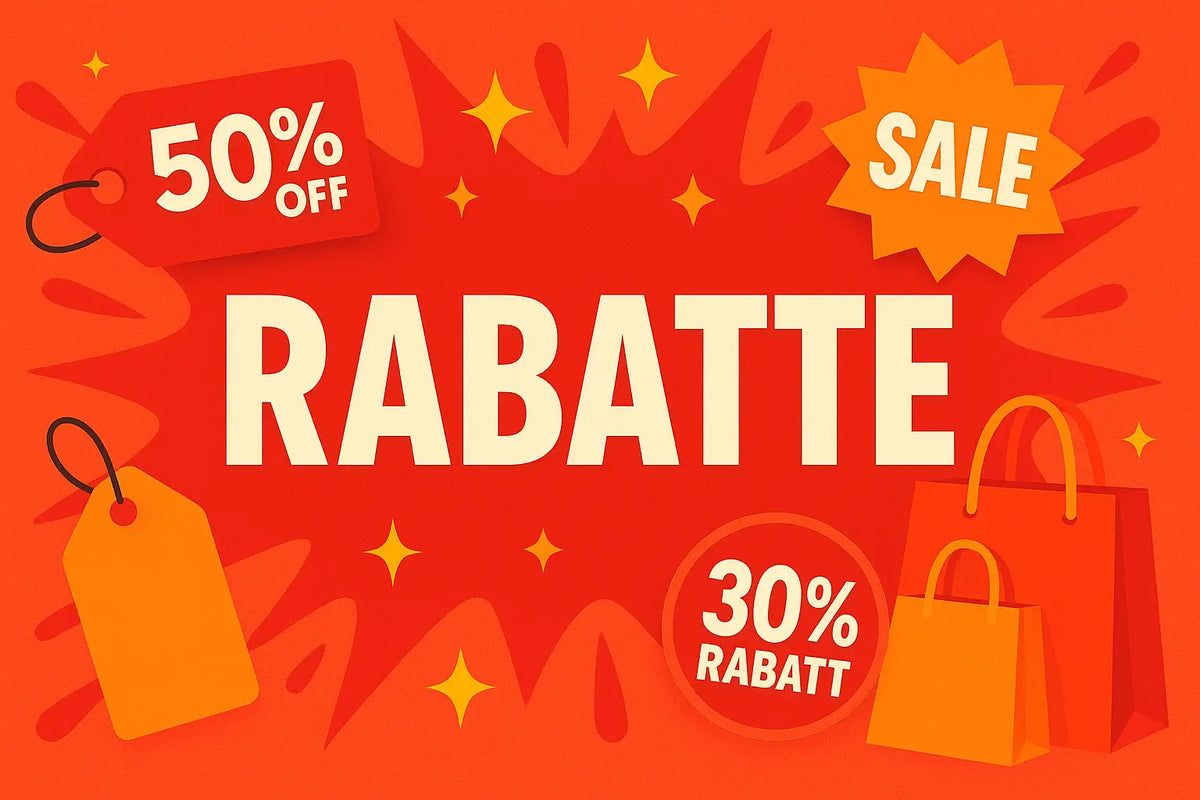 Rote und orange sale banner mit weißen text rabatte und rabatt tags 50 prozent und 30 prozent für exklusive angebote bei mana shop bewussten lebensstil