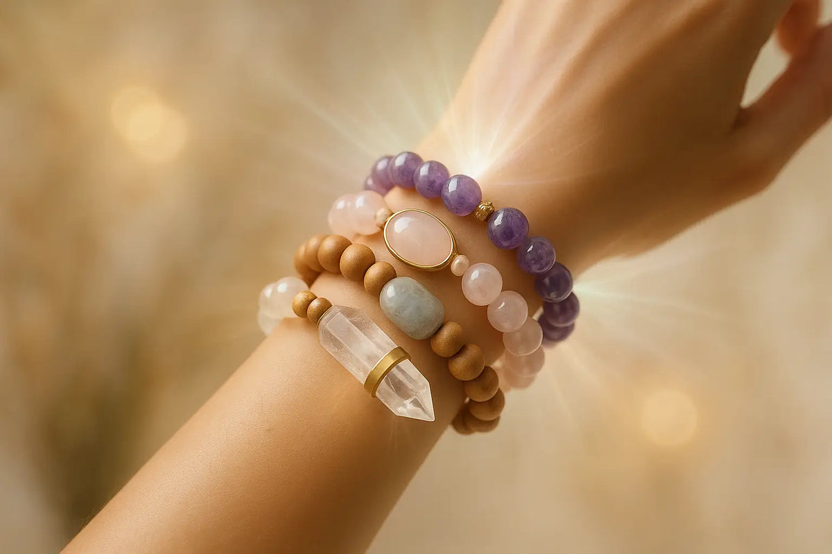 Eine hand mit kraftvollem armschmuck aus mana kendra kristallen amethyst, rosenquarz, klarquarz und holzperlen