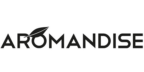 Schwarzes aromandise logo mit stilisiertem blatt emblem in der schrift für aromandise naturprodukte und ätherische öle