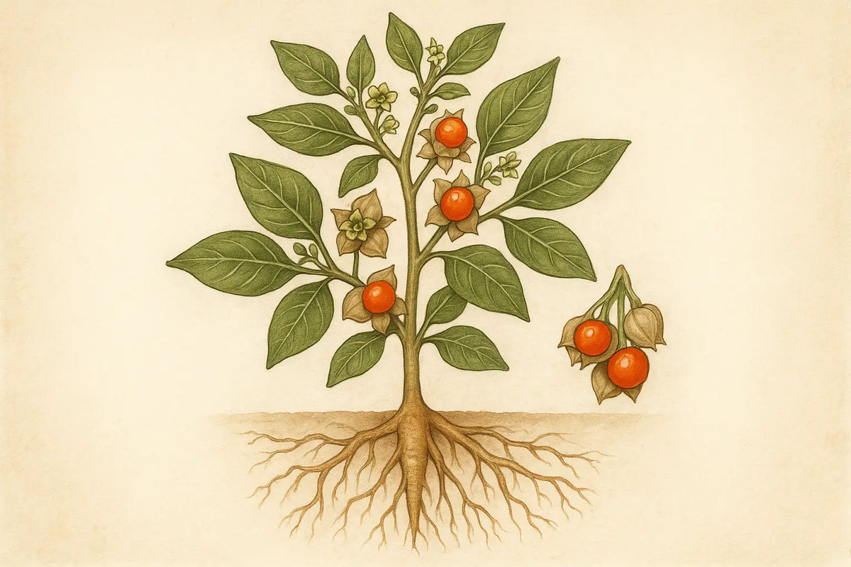 Illustration einer tomatillo pflanze mit grünen blättern und orangen früchten im mana kendra ashwagandha beitrag
