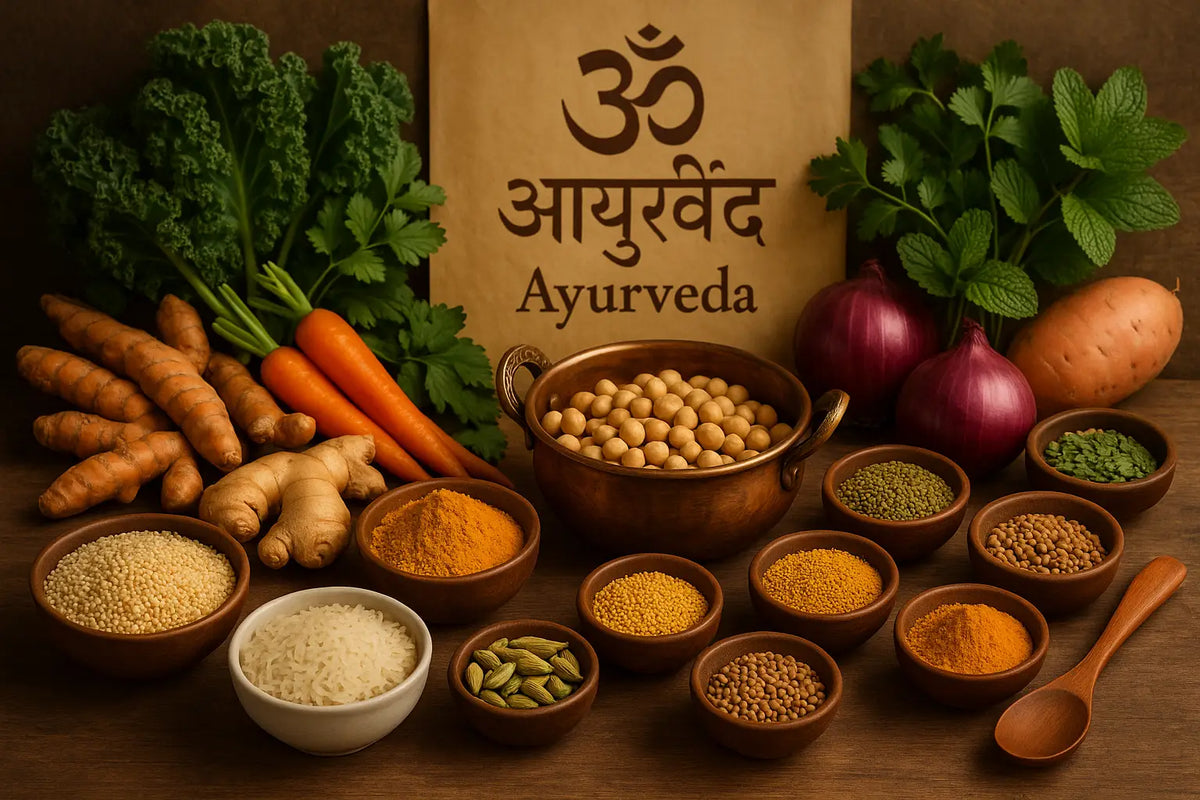 Eine rustikale kupferschüssel mit beigen linsen umgeben von frischen kräutern ayurveda ernährung bern ostermundigen