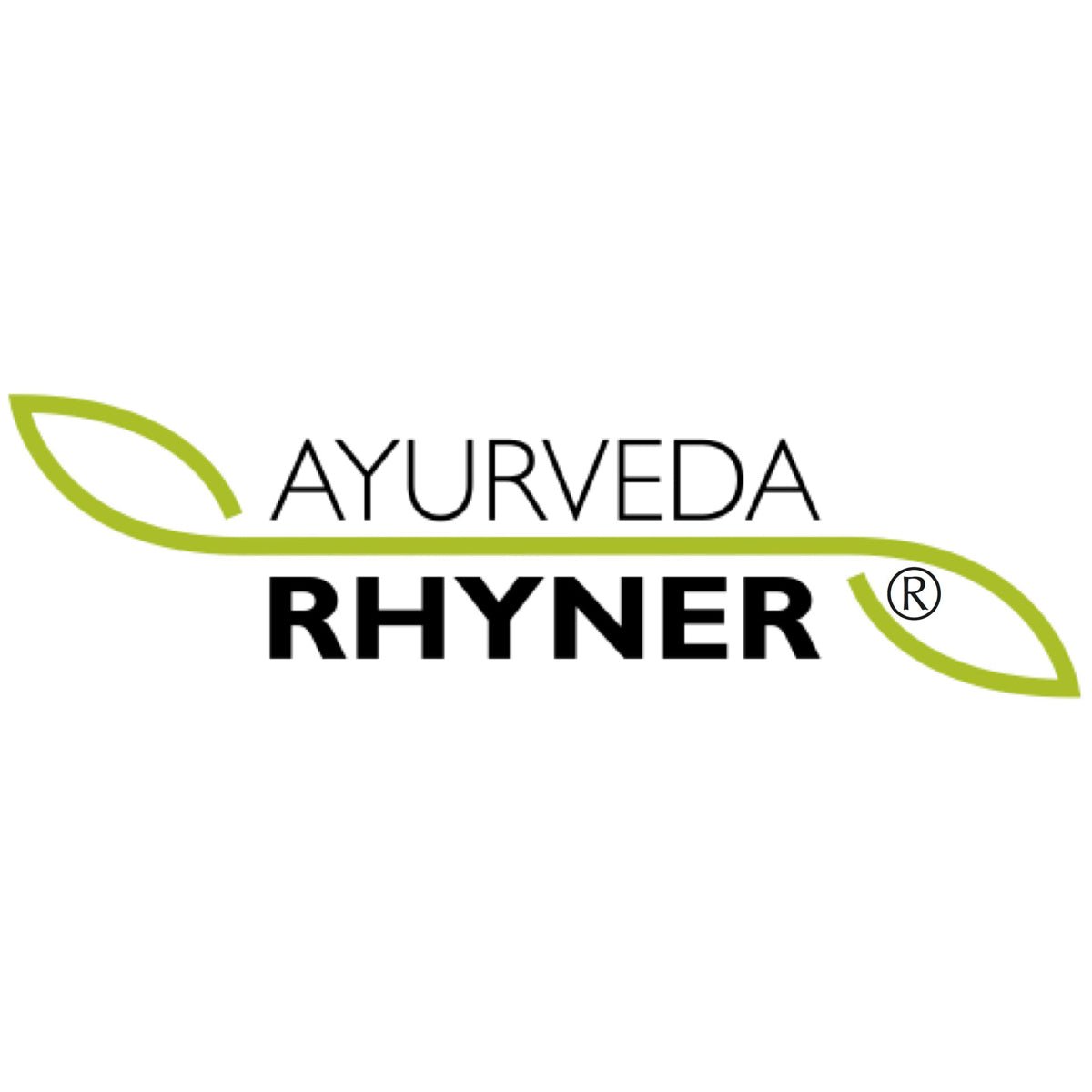 Ayurveda rhyner logo in schwarzem text mit stilisierten grünen blättern für ayurveda rhyner produkte