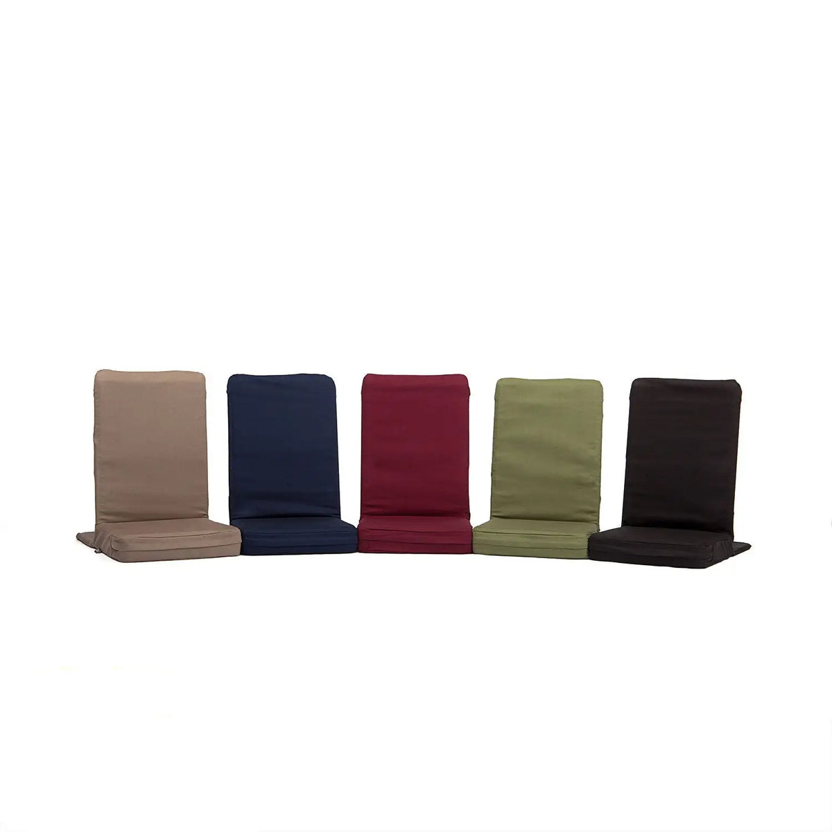 Five backjack bodenstuhl portable folding chairs in beige navy blue red olive green and black fabric