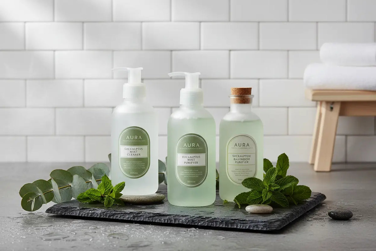 Drei grüne glasflaschen mit weißen pumps und korkverschlüssen aura eucalyptus mist im mana shop natürliche bad hygiene