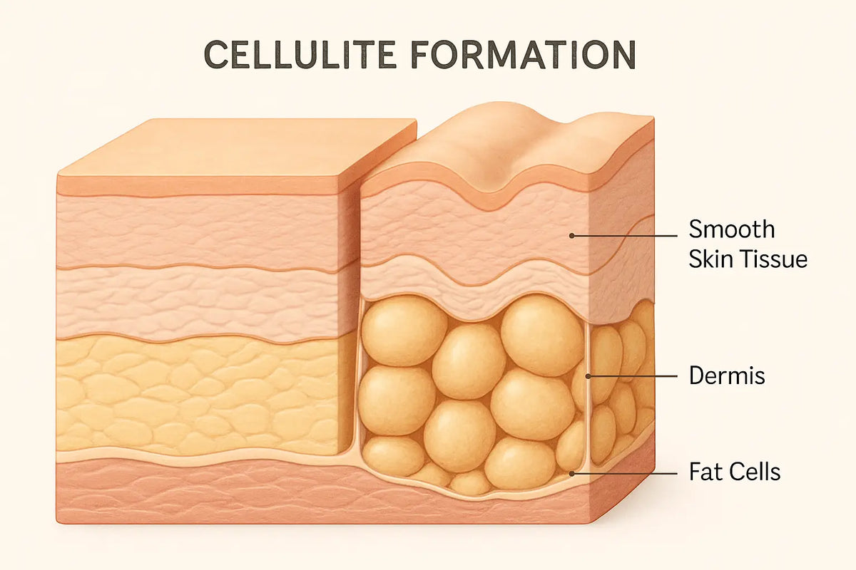 Ein illustratives querschnittdiagramm der hautschichten mit markierten bereichen für cellulite reduktion und straffende körperöle.