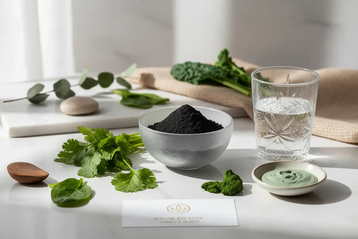 Ein weißer keramikschüssel gefüllt mit schwarzem pulver zur schwermetall ausleitung im detox sammlung