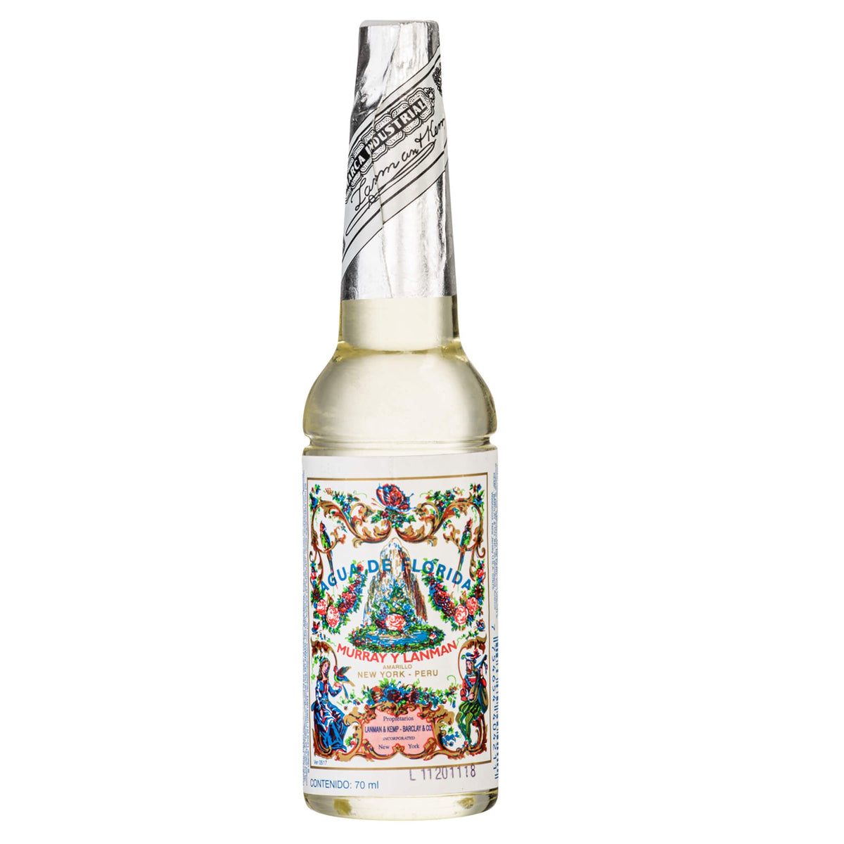 Ein klares glasfläschchen aguas de florida cologne mit einem farbenfrohen, ornamentalen etikett entdecke hochwertige natürliche duftwasser bei mana kendra