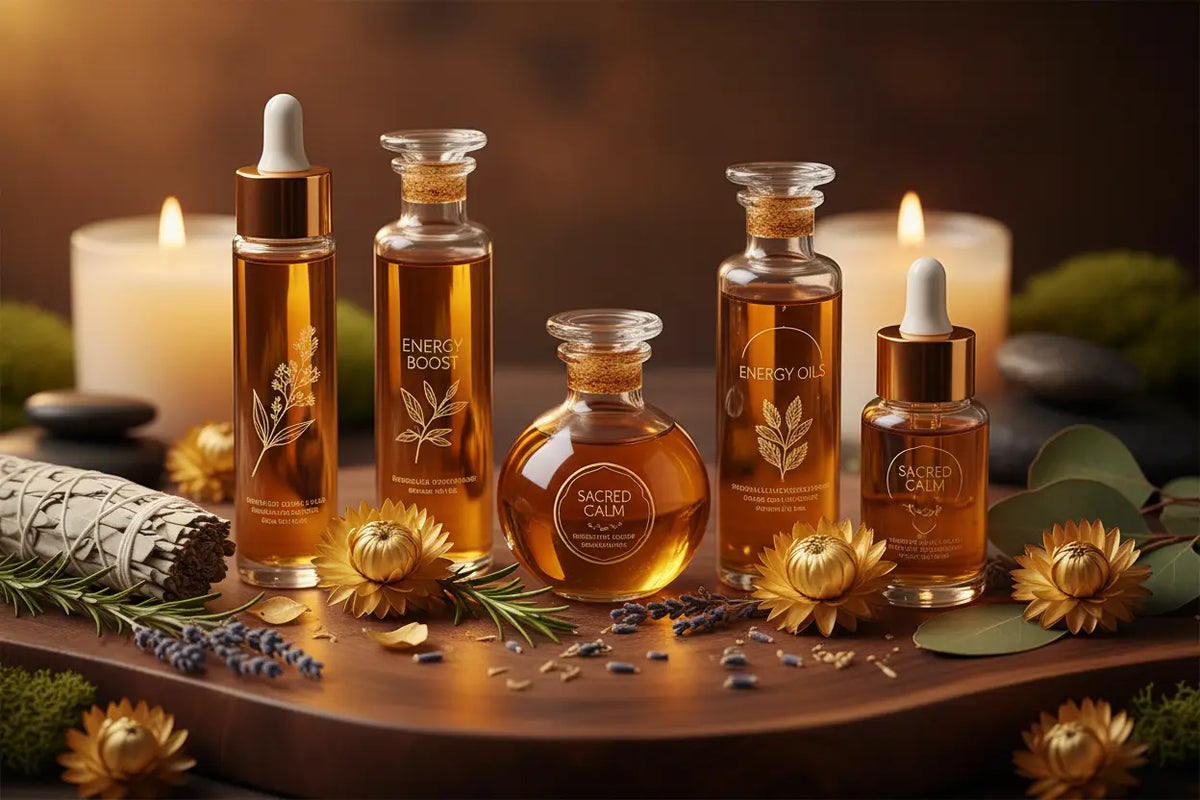 Set von fünf amberfarbenen glasflaschen mit goldenen verschlüssen und energien unterstützenden energie-Ölen und ritualölen