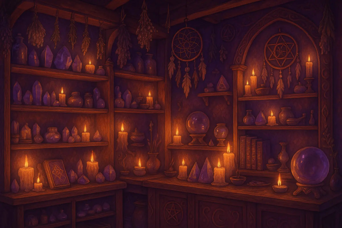Holzregale mit leuchtenden kerzen, violetten kristallen und esoterischen artefakten im esoterik shop bern mit ätherischen ölen