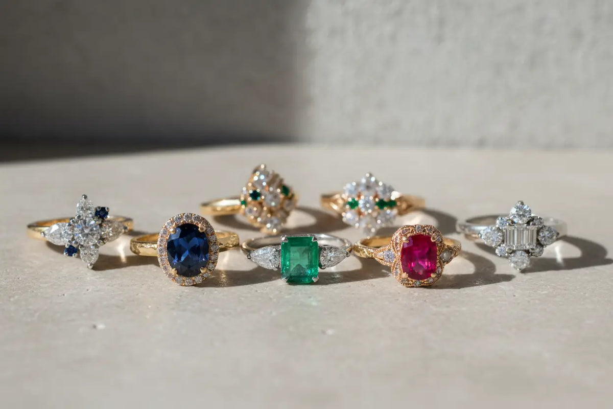 Eine sammlung handgefertigter schmuck fingerringe mit edelsteinen in gold und platin mit saphir smaragd und rubin