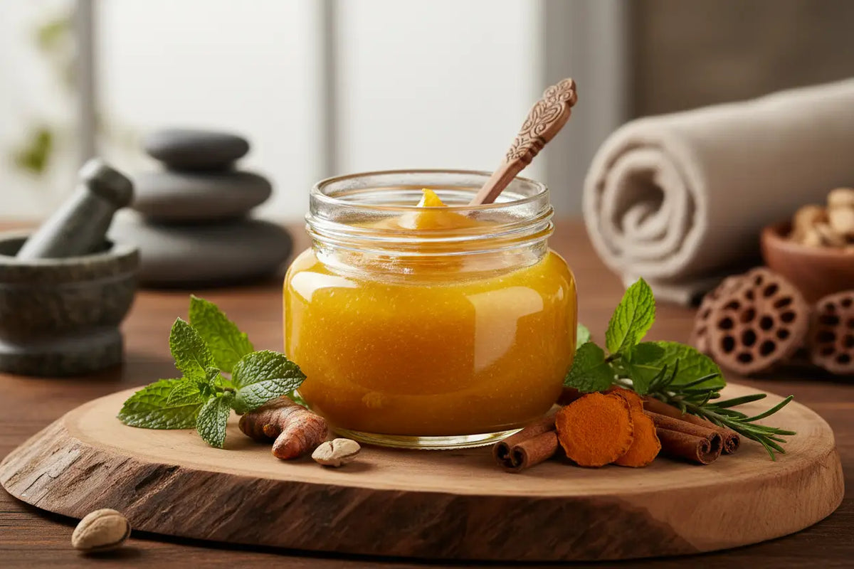 Ein klarer glasbehälter mit golden-orangefarbenem kurkuma-honig und frischem minzblatt als ayurvedisches butterreinfett ghee